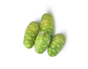 Noni or Morinda Citrifolia fruits with half slice isolated on white background (Rubiaceae Noni,...