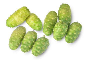 Noni or Morinda Citrifolia fruits with half slice isolated on white background (Rubiaceae Noni, great morinda, indian mulberry, beach mulberry, cheese fruit, Gentianales)