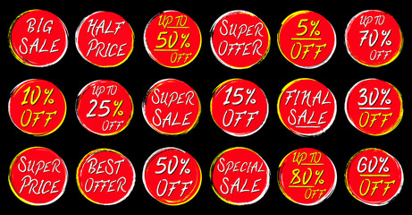 Obraz premium Sale tags set. Grunge frames. Discount stickers. Special offer. Coupon. Prisetag. Ink stain. Paint circles. Black Friday. Grunge textures.
