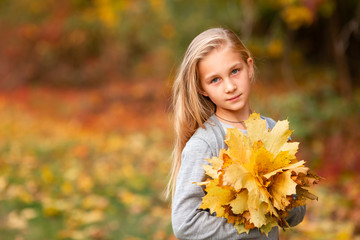 Naklejka na ściany i meble Beautiful little girl with autumn leaves in the park
