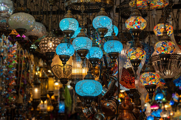 Colorful turkish glass lamps for sale at the street market in Bodrum, Turkey. Close up