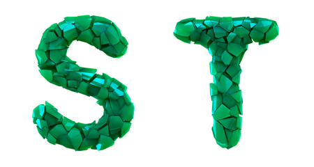 Letter set S, T made of 3d render plastic shards green color.