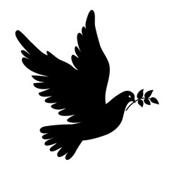 Vector flying dove with olive branch black silhouettes on white background. Peace concept. .