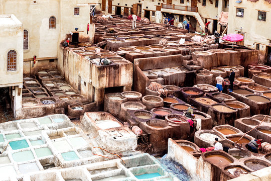 Tanneries of Fez. Tanks with dyes and vats in the traditional leather workshop of Fez