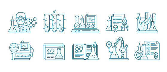 Chemistry science icon set. Education lab background. The production of chemicals kit. Laboratory research experiments equipment. Outline contour blue line.