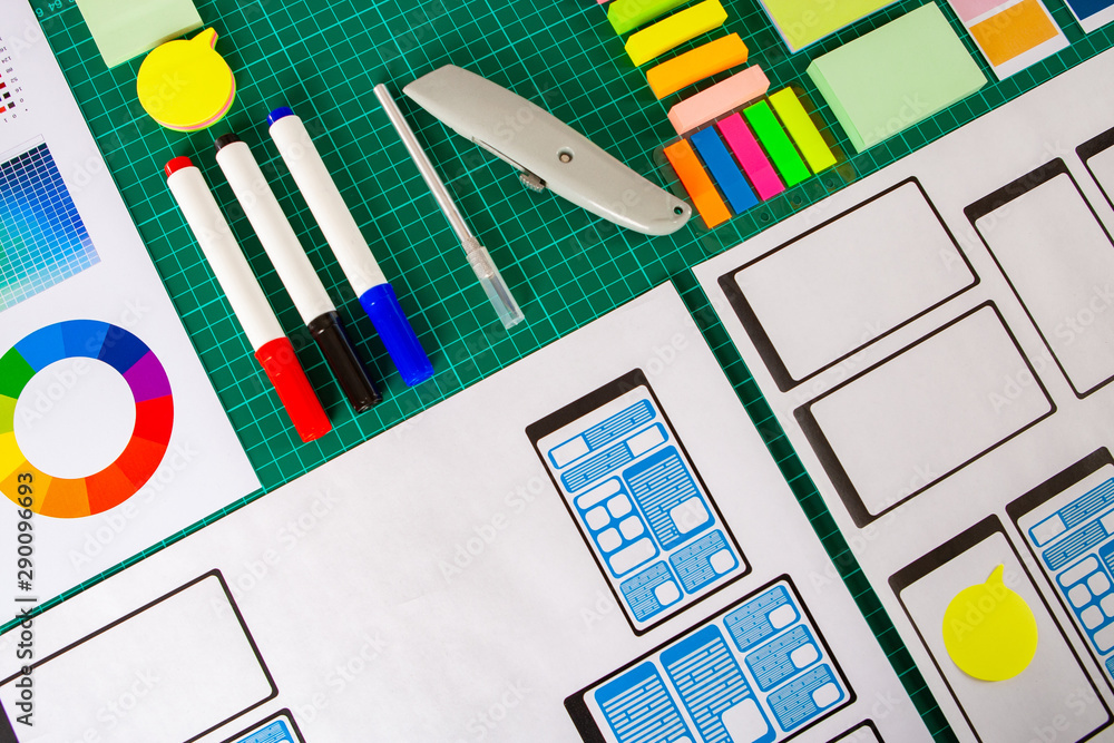 Poster desk of the mobile app designer. you are ready to work on developing the user interface. special tem