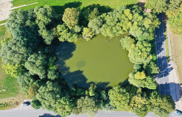 Vertical aerial view of a pond at the edge of the village with a dense stock of trees on the shore.