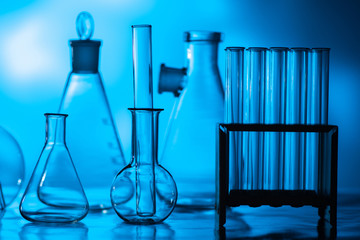 Chemical laboratory. Flasks and test tubes are on the table. Utensils for chemical reagents. Equipment chemical Cabinet in school. Conducting experiments with different substances.