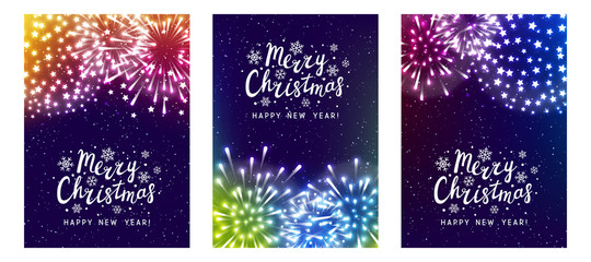 Fototapeta na wymiar Set of shiny fireworks on color starry background - vertical greeting cards for Christmas and New Year holiday design