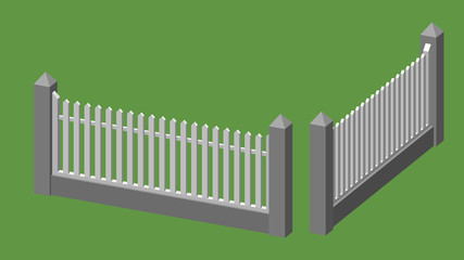Wooden fence. Isolated on green background. 3d Vector illustration.