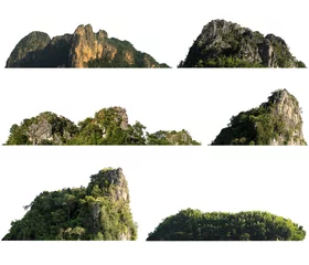 Foto op Plexiglas collectie rots berg heuvel met groen bos isoleren op witte achtergrond © lovelyday12