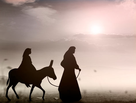 Christmas religious nativity concept: Silhouette pregnant Mary and Joseph with a donkey on star of cross background	