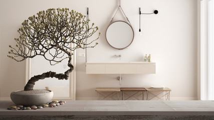 Vintage wooden table shelf with pebble and potted bloom bonsai, white flowers, over modern bathroom with sink and mirror, modern interior design, zen clean architecture concept idea