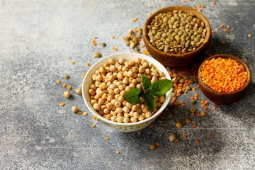 Healthy food, dieting, concept vegan protein source. Raw of legumes (chickpeas, red lentils, canadian lentils). Free space for your text.