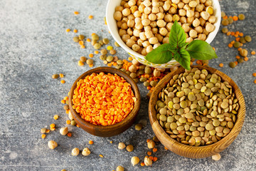 Healthy food, dieting, concept vegan protein source. Raw of legumes (chickpeas, red lentils, canadian lentils).