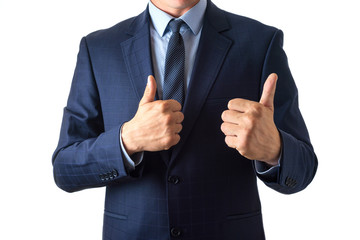 Young man holds hands with thumbs up, on a white background