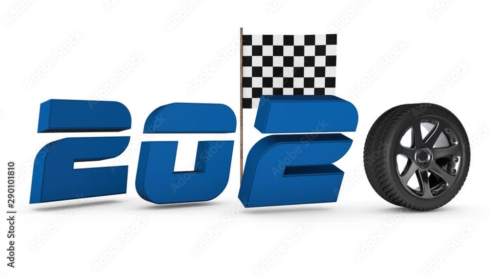 Poster 3d animation of 2020 date with wheel instead of zero and finish flag.