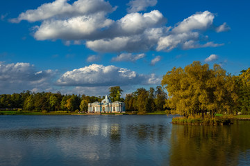 Autumn landscape with a lake and a Palace. Russia. Catherine park in Saint-Petersburg.