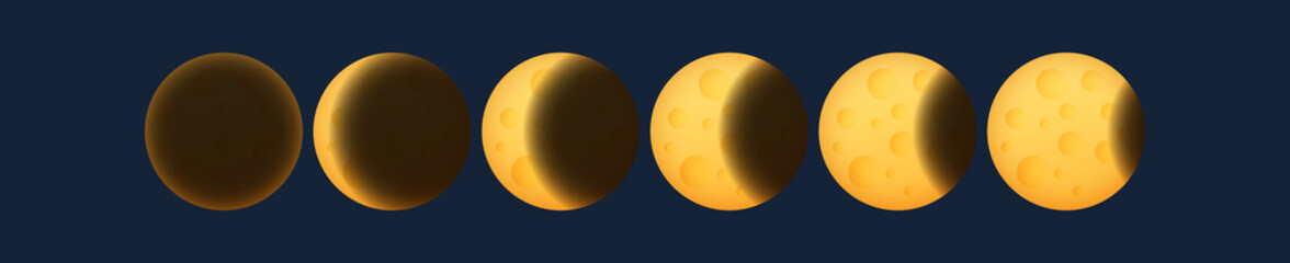 Lunar eclipse, phases of the yellow moon, earth shadow on the moon, space planet with craters in the universe, vector illustration