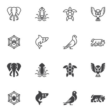 Animals icon set, line and glyph version, outline and filled vector sign. linear and full pictogram. Symbol, logo illustration. Set includes icons as elephant, spider web, wolf, shark fish, owl bird
