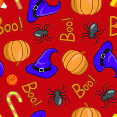Vector seamless Halloween pattern on red background. Halloween elements for greeting cards, gift boxes, fabric, wallpaper, web design.