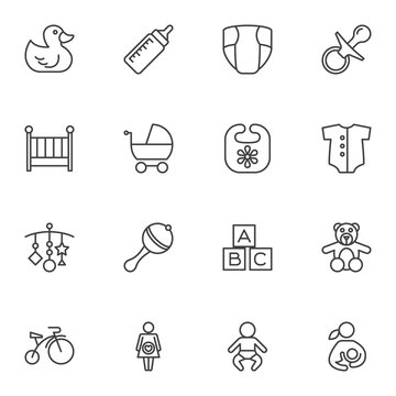 Baby line icons set. linear style symbols collection, outline signs pack. vector graphics. Set includes icons as rubber duck, pram, maternity, newborn baby, diaper, rattle, pacifier, milk bottle, crib