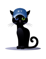 Black cat Boy with eyes of different colors and baseball cap on a white background. Cute cartoon character. Vector illustration.