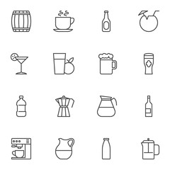 Cocktail drinks line icons set. linear style symbols collection, outline signs pack. vector graphics. Set includes icons as beer mug, wine bottle, water, coffee maker machine, fresh apple juice glass