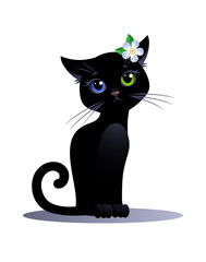 Black cat Girl with eyes of different colors and flower on a white background. Cute cartoon character. Vector illustration.