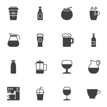 Bar drinks vector icons set, modern solid symbol collection, filled style pictogram pack. Signs, logo illustration. Set includes icons as coffee, beer bottle, juice glass, alcohol drink, milkshake