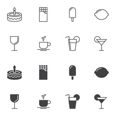 Dessert food icon set, line and glyph version, outline and filled vector sign. linear and full pictogram. Symbol, logo illustration. Set includes icons as cake, chocolate bar, ice cream, tea cup