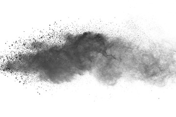 Black powder explosion on white background. Colored cloud. Colorful dust explode. Paint Holi.