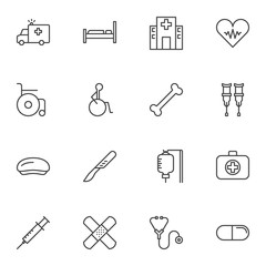 Medical line icons set. linear style symbols collection, outline signs pack. vector graphics. Set includes icons as ambulance truck, hospital building, wheelchair, surgery scalpel, blood transfusion
