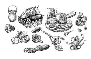 natural products. set of vector sketches on a white