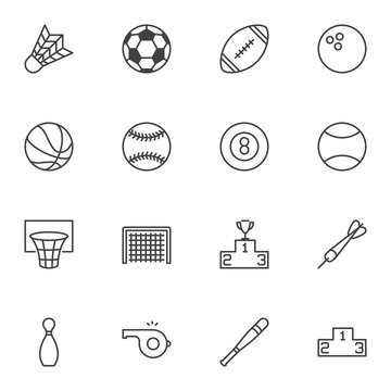 Sports Equipment line icons set. linear style symbols collection outline signs pack. vector graphics. Set includes icons as soccer, american football, tennis volleyball ball, basketball hoop, baseball