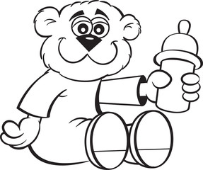 Black and white illustration of a baby bear holding a baby bottle.