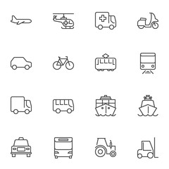Public transport line icons set. linear style symbols collection, outline signs pack. vector graphics. Set includes icons as plane, helicopter, ambulance truck, tram, railway train, ship, taxi, car