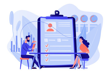 Employer meeting job applicant at pre-employment assessment. Employee evaluation, assessment form and report, performance review concept. Living coral blue vector isolated illustration