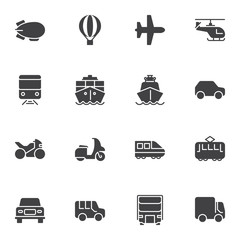 Transport vehicles vector icons set, modern solid symbol collection, filled style pictogram pack. Signs, logo illustration. Set includes icons as hot air balloon, plane, helicopter, scooter, train
