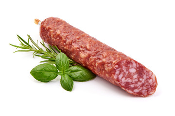Smoked pork Sausage, Dry-cured meat, isolated on white background