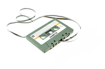 Women use pen rewind a cassette tape  on white background 
