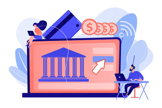 Tiny People With Laptop And Financial Digital Transformation. Open Banking Platform, Online Banking System, Finance Digital Transformation Concept. Living Coral Bluevector Isolated Illustration