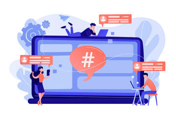 Tiny people customers receive messages from microblogging service. Microblog platform, microblogging market, microblog marketing service concept. Bright vibrant violet vector isolated illustration