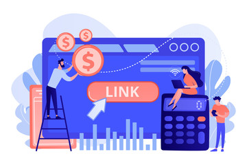 Business analytics, commerce metrics, SEO. Cost per acquisition CPA model, cost per conversion, online advertising pricing model concept. Bright vibrant violet vector isolated illustration