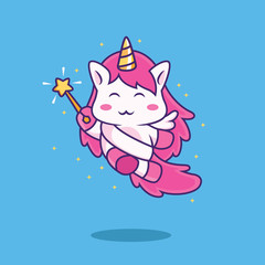 cute fairy unicorn cartoon with wing and magic wand