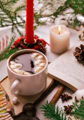 1 mug of hot chocolate with marshmallows on the background of fir branches and candles