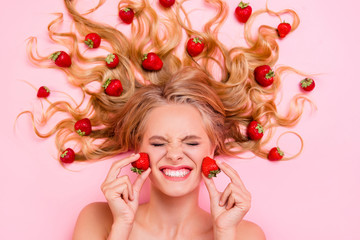 Close up top above high angle view photo beautiful she her lady lying down among fruit strawberries...