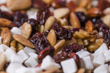 Macro shot of mixed nuts and fruits