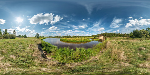 seamless spherical hdri panorama 360 degrees angle view on grass coast of huge lake or river in...