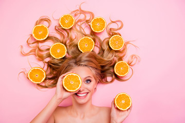 Close up top above high angle view photo beautiful funny funky she her lady hide eye half orange...